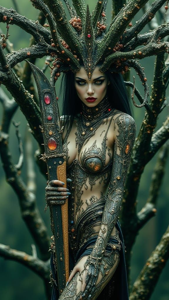 Surreal Woman with Plant Life & Weapons in Dark Realism