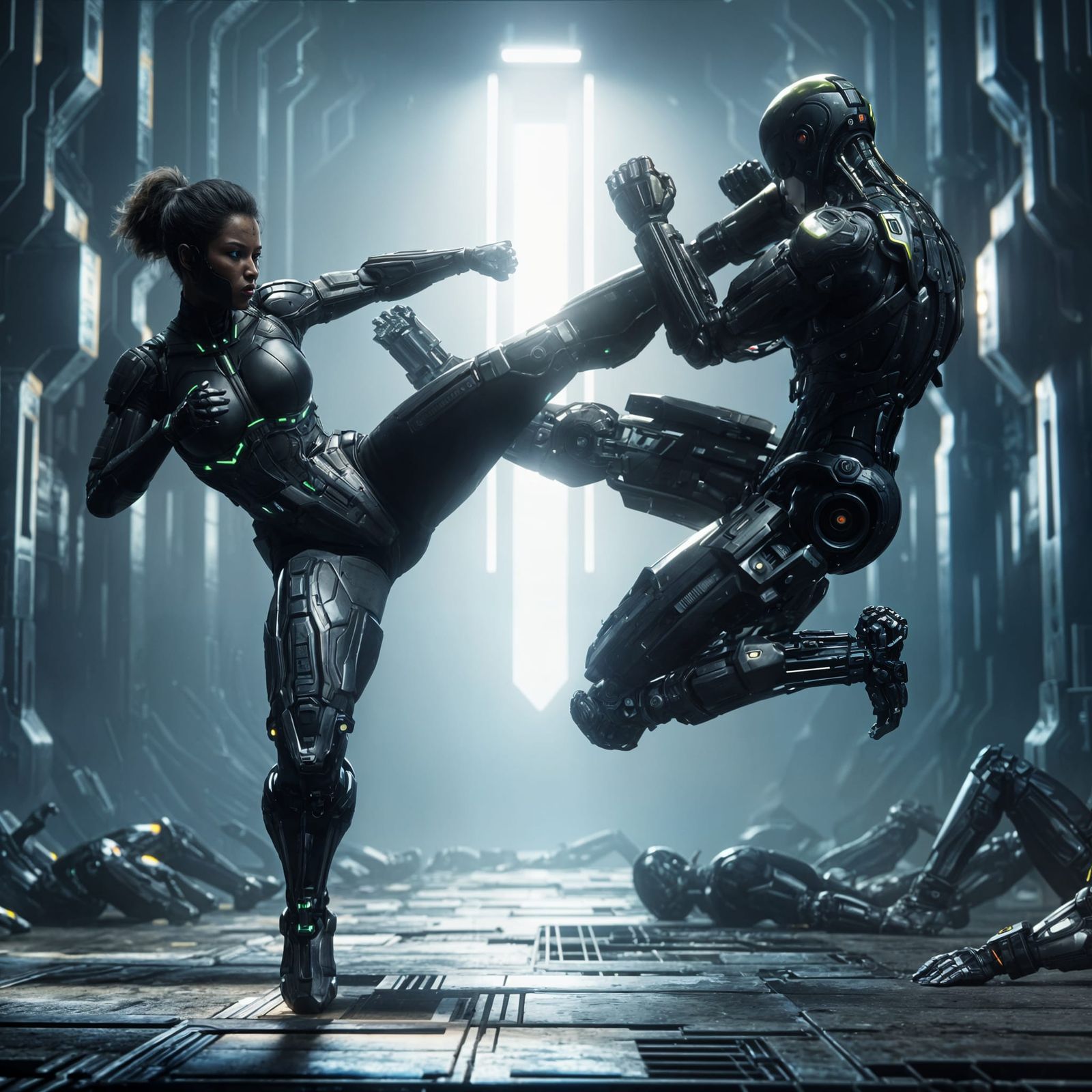 Futuristic Black Female Soldier Roundhouse Kick