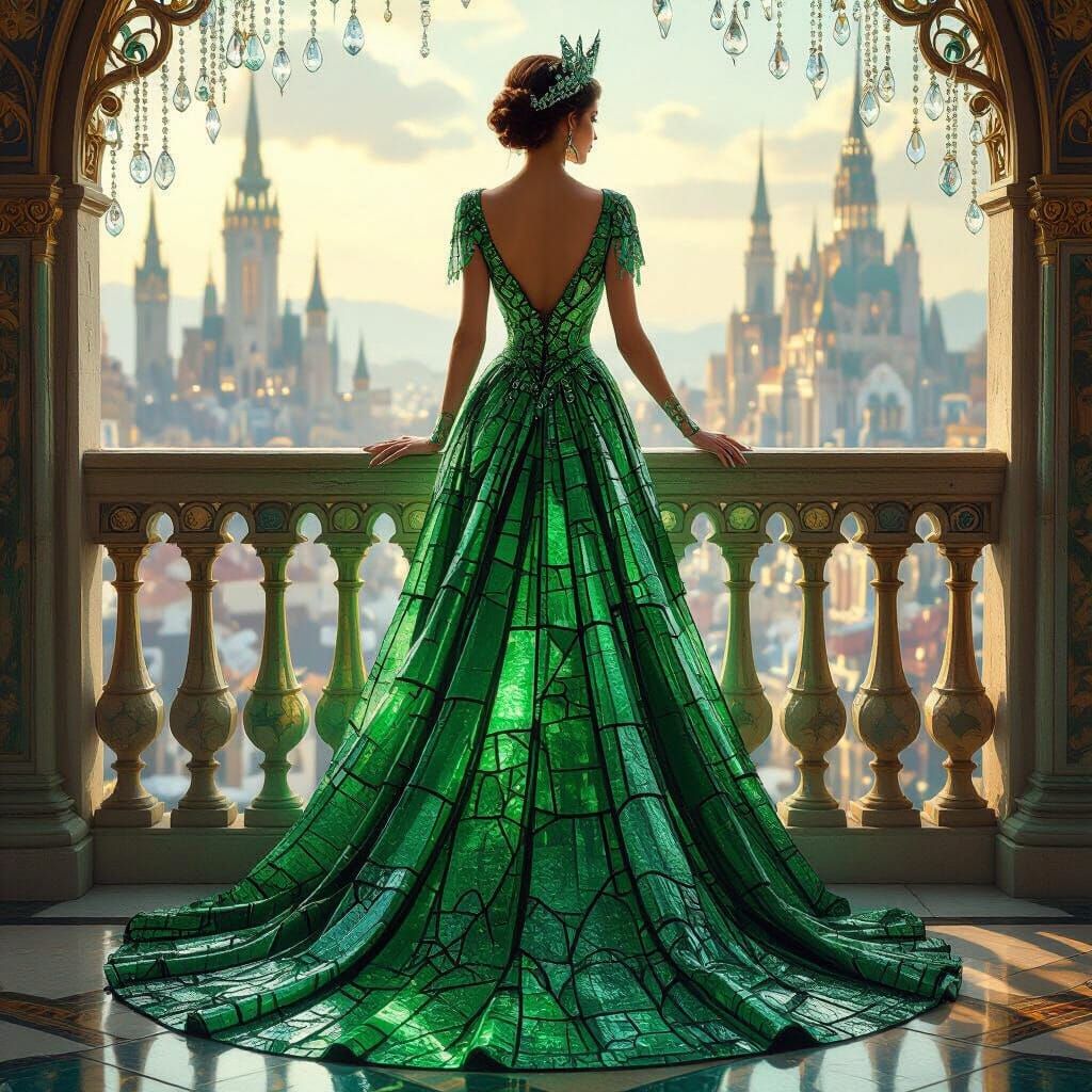 Regal Queen in Emerald Stained Glass Gown Overlooking Fantas...