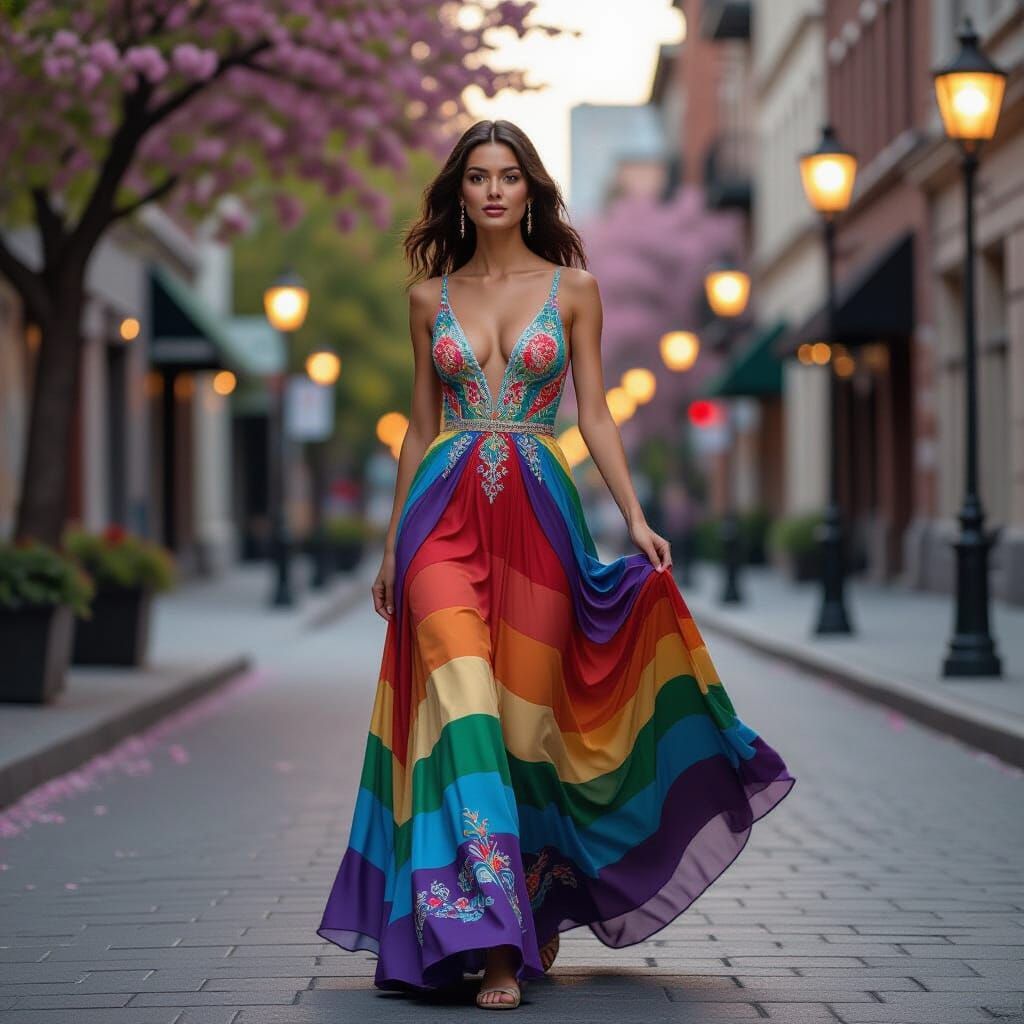 Elegant Woman in Rainbow Dress on Spring Street