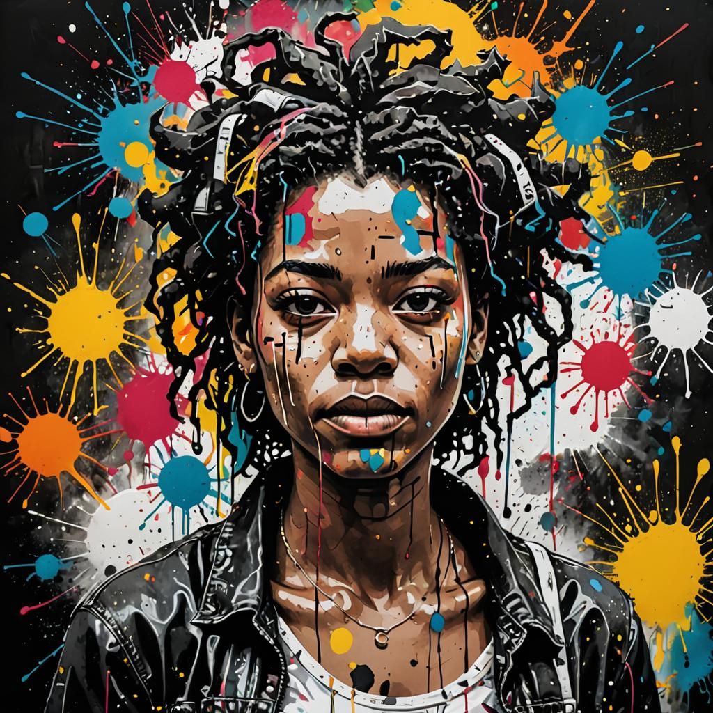 Colorful Ink Splash Art Portrait of Young Girl