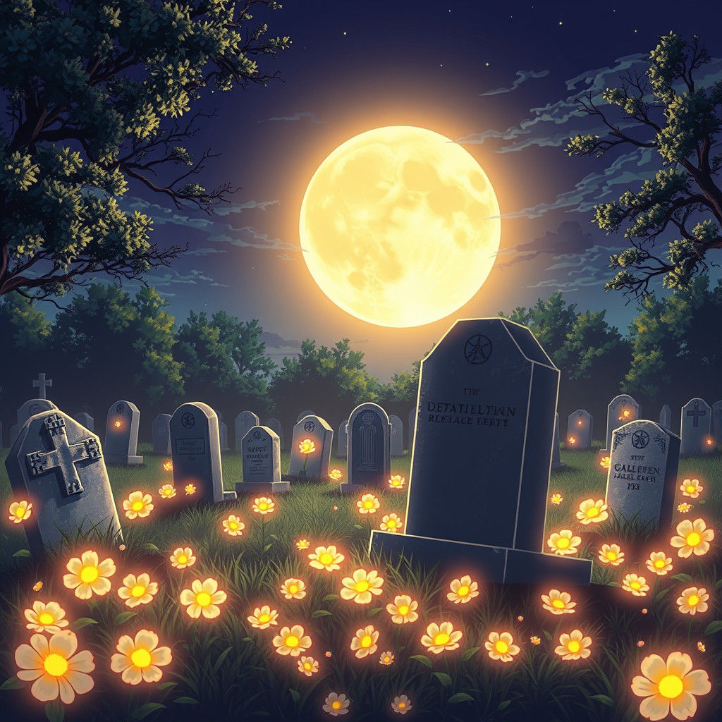 Moonlit Cemetery with Glowing Flowers, Anime Style