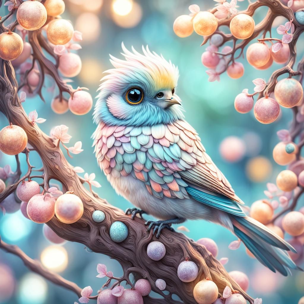 Adorable Pastel Bird on Ornate Tree