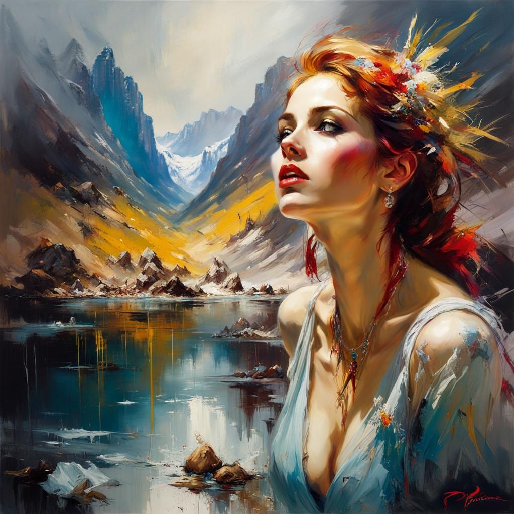 Dramatic Mountain Landscape with Reflections in Oil Paint St...
