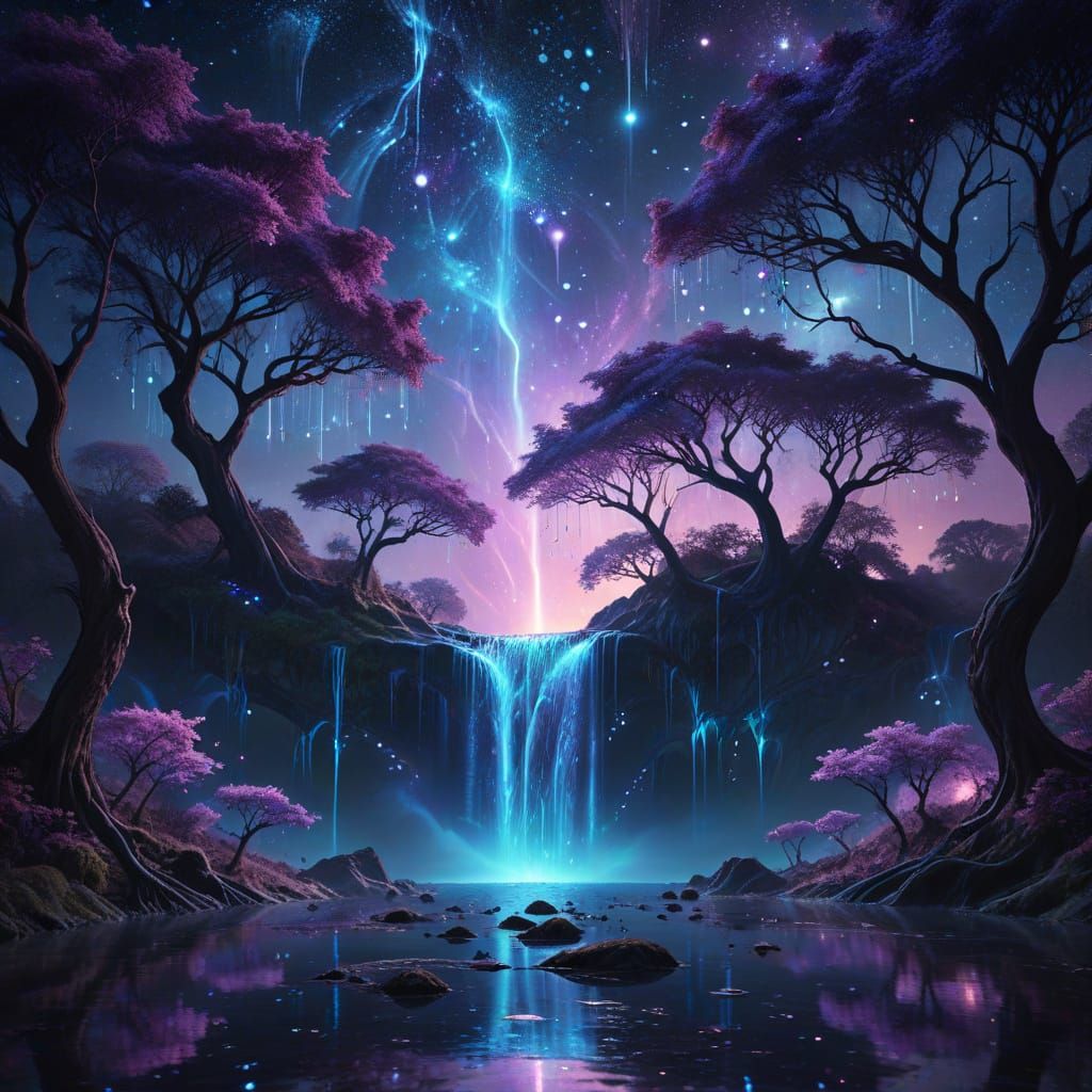 Cosmic Dreamscape With Star Waterfall And Alien Trees