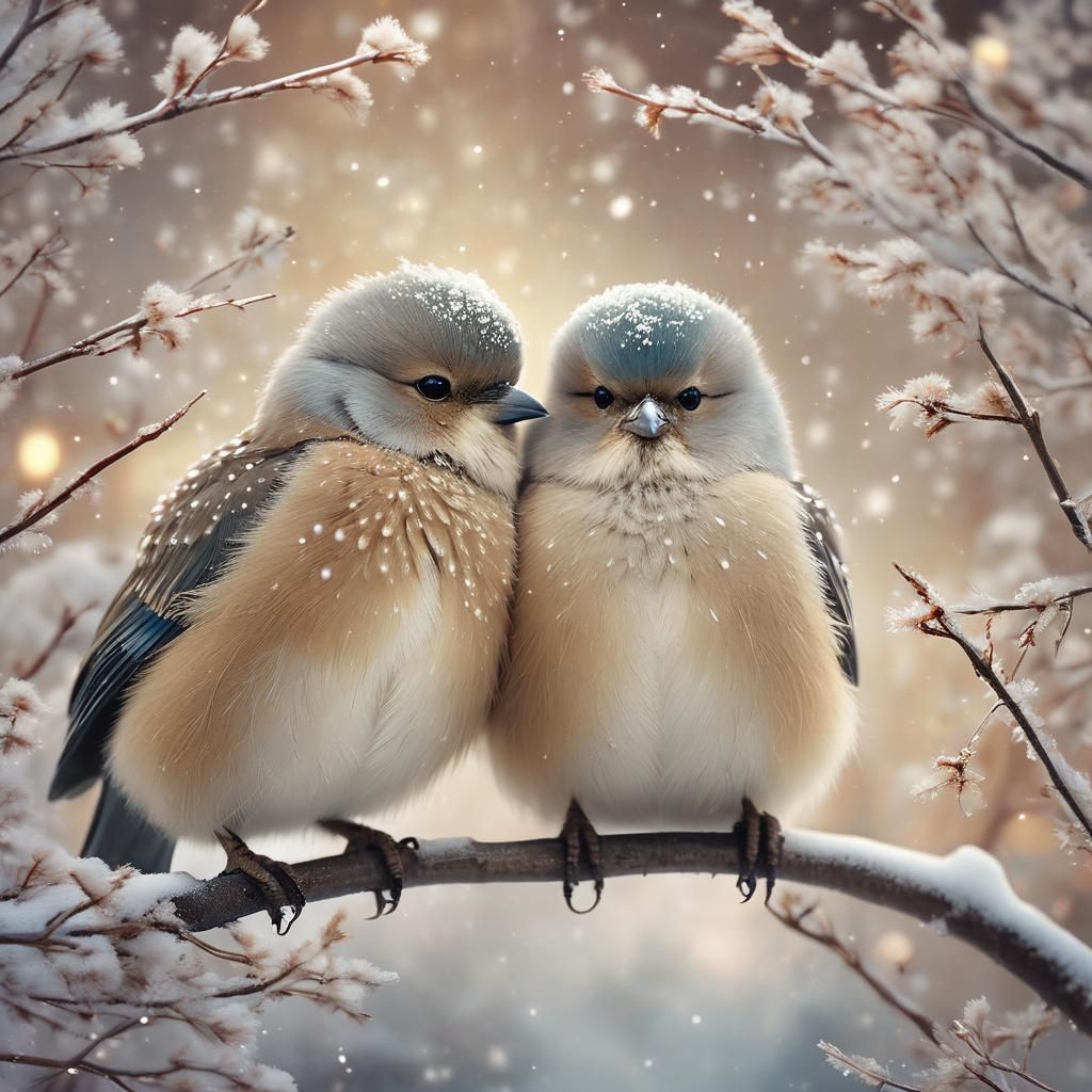 Fluffy Birds in Winter Snow, a Digital Painting
