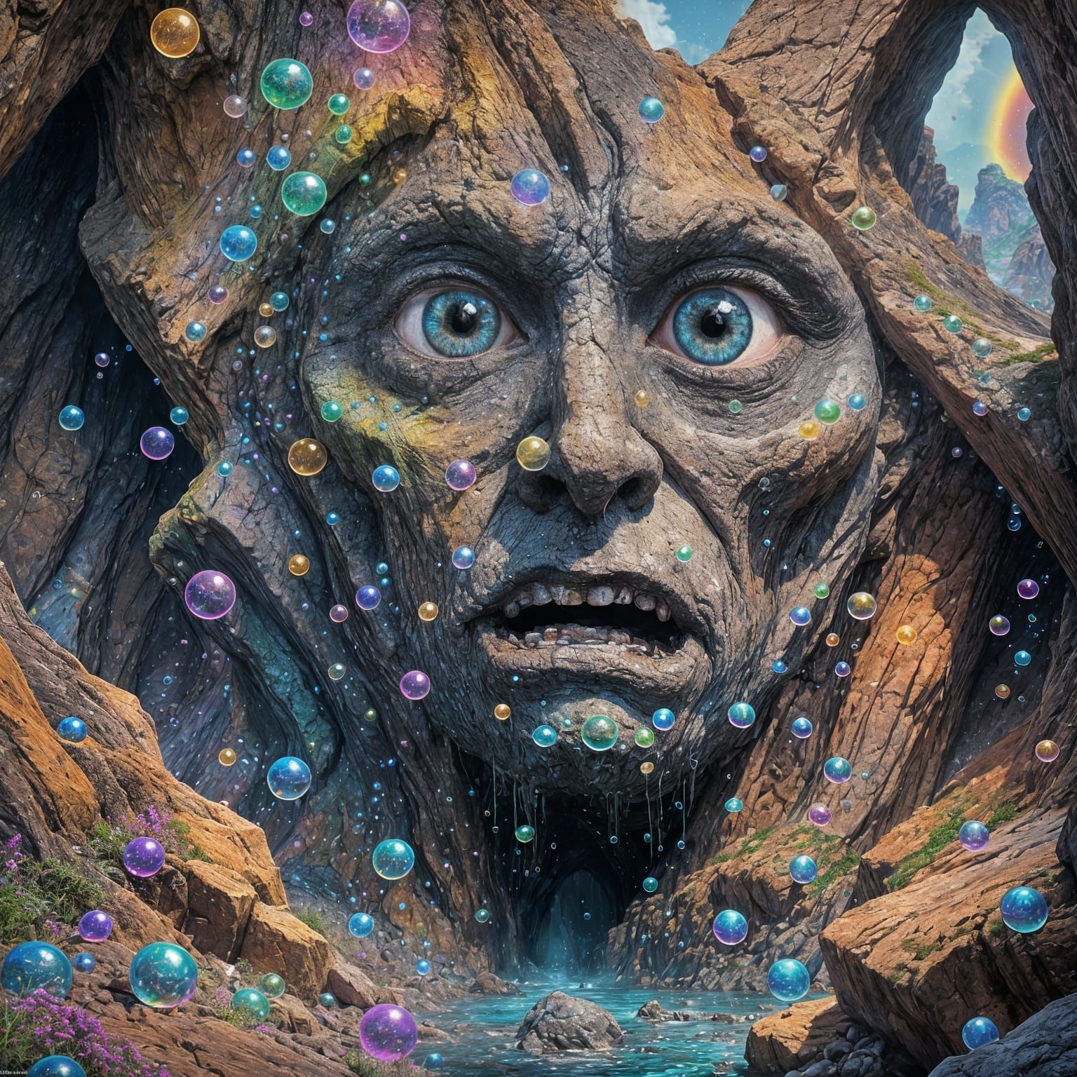 Desperate Rock Face with Rainbow Question Marks