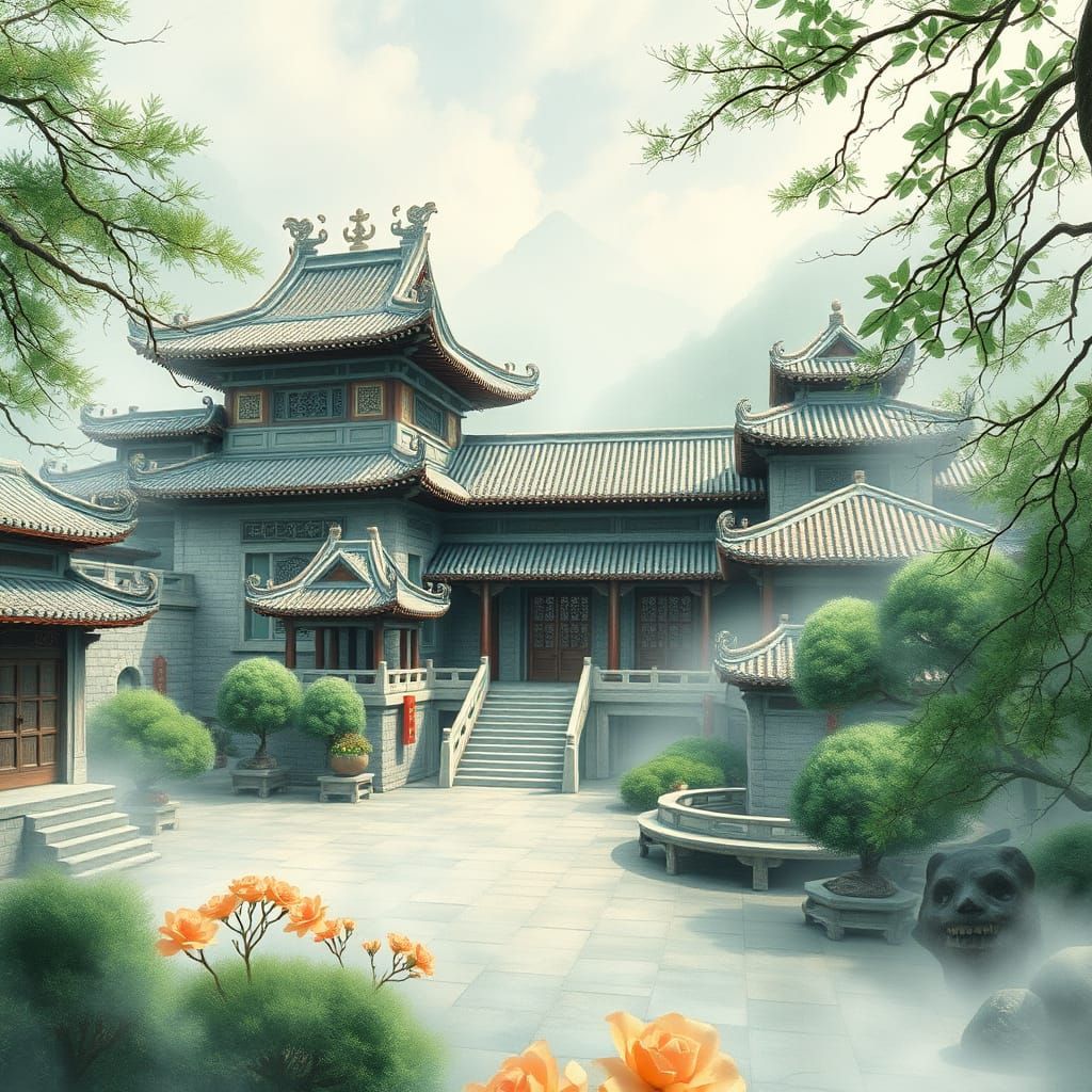 Ancient Jade Palace in Serene Chinese Garden