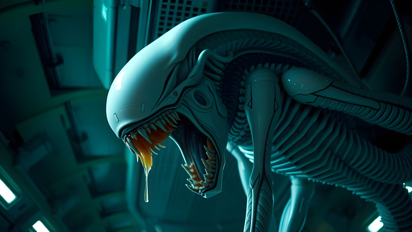 White Xenomorph Hangs from Ceiling in Sci-Fi Ship
