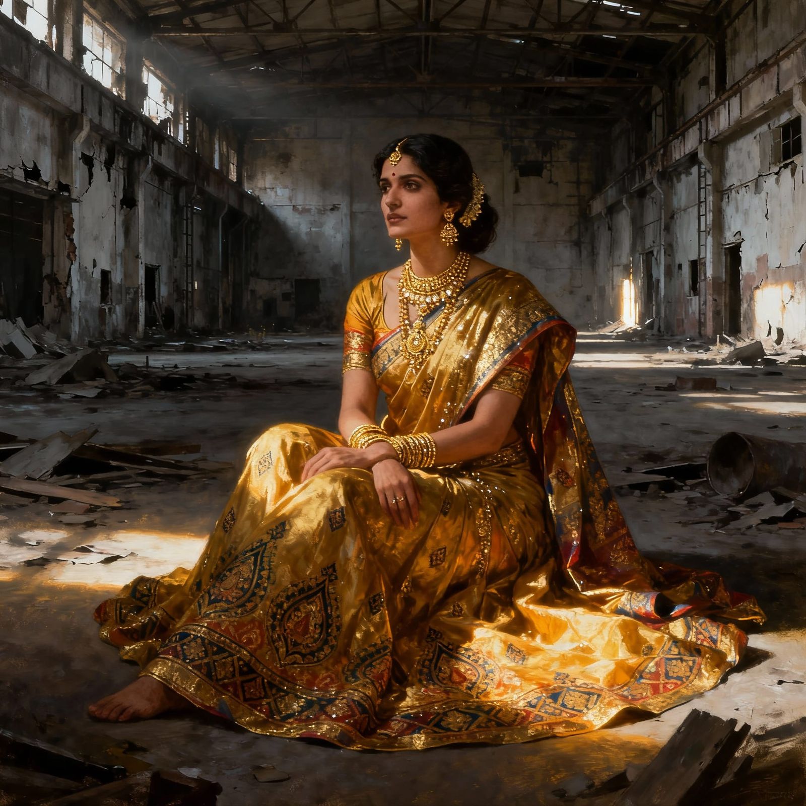 Woman in Saree in Abandoned Industrial Building