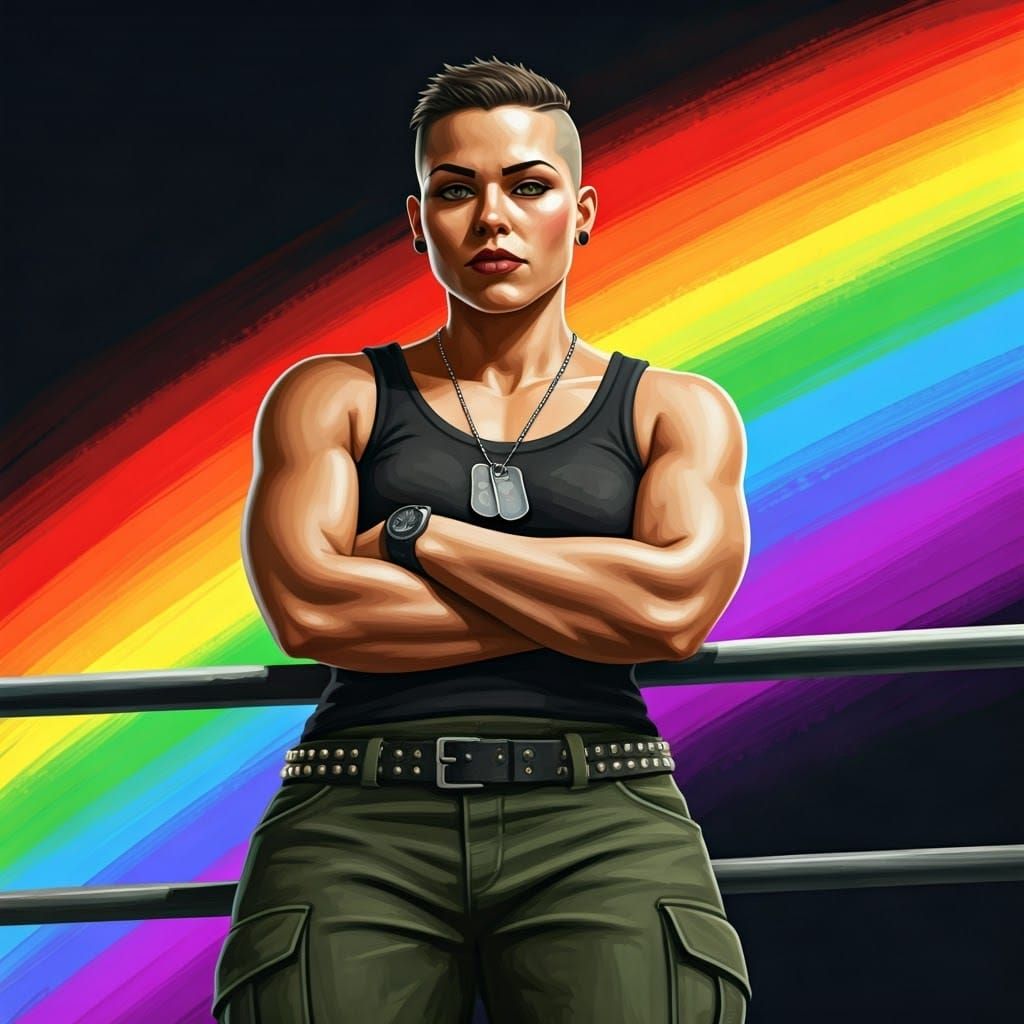 Tough Butch Woman Embodies Gay Pride with Edgy Rainbow