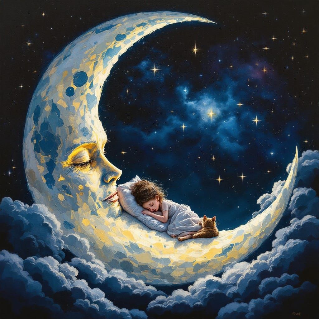 A Serene Lunar Scene: Oil Painting of a Sleeping Girl and Ca...