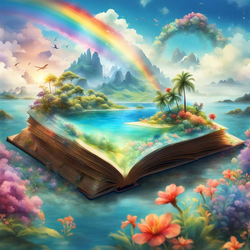 Polynesian Landscape Emerges from Book in Double Exposure