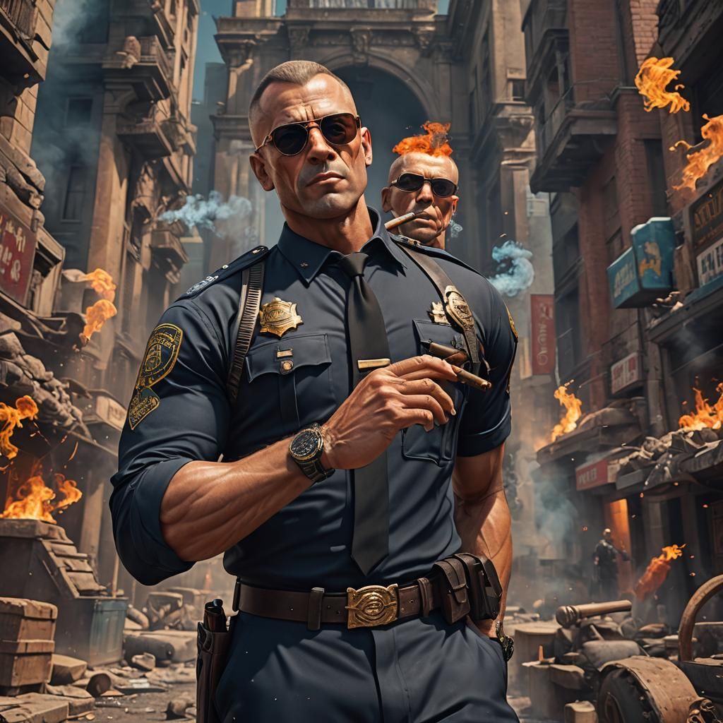 Detailed Painting of a Muscular Cop Smoking