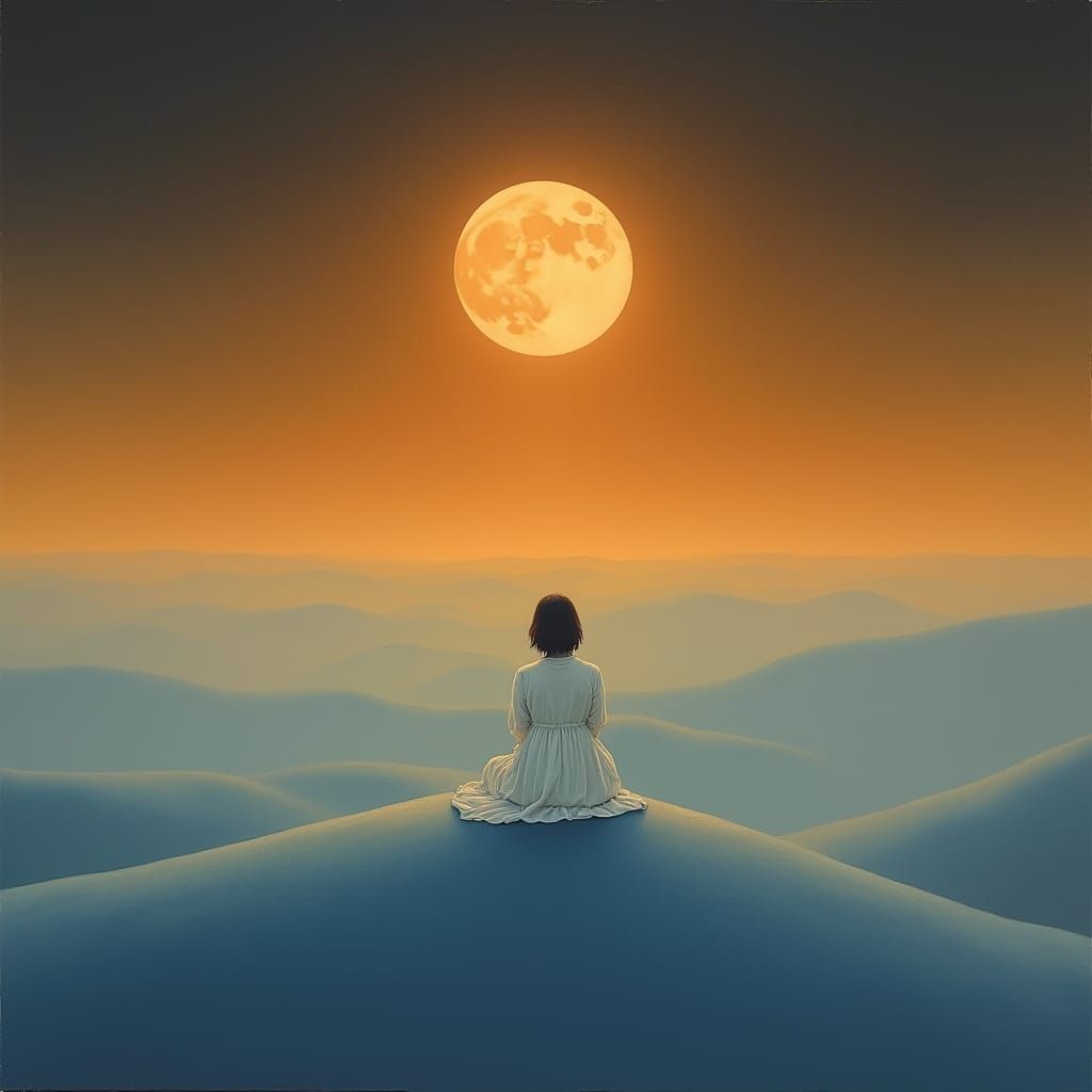 Serene Figure Contemplates Glowing Moon in Dreamy Landscape