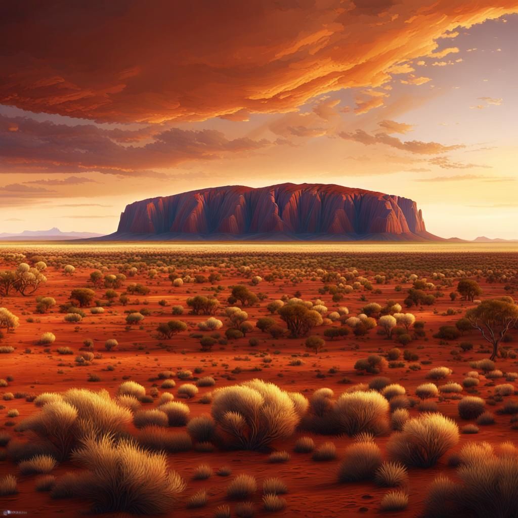 Outback Plains and Ayers Rock at Sunset