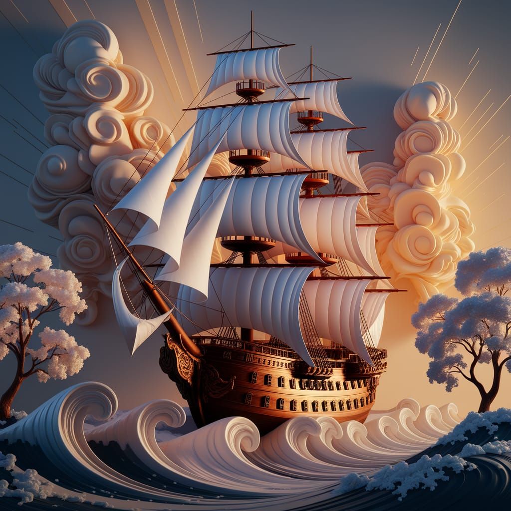 Majestic Ship in Radiant Light, Neo-Renaissance Relief Style