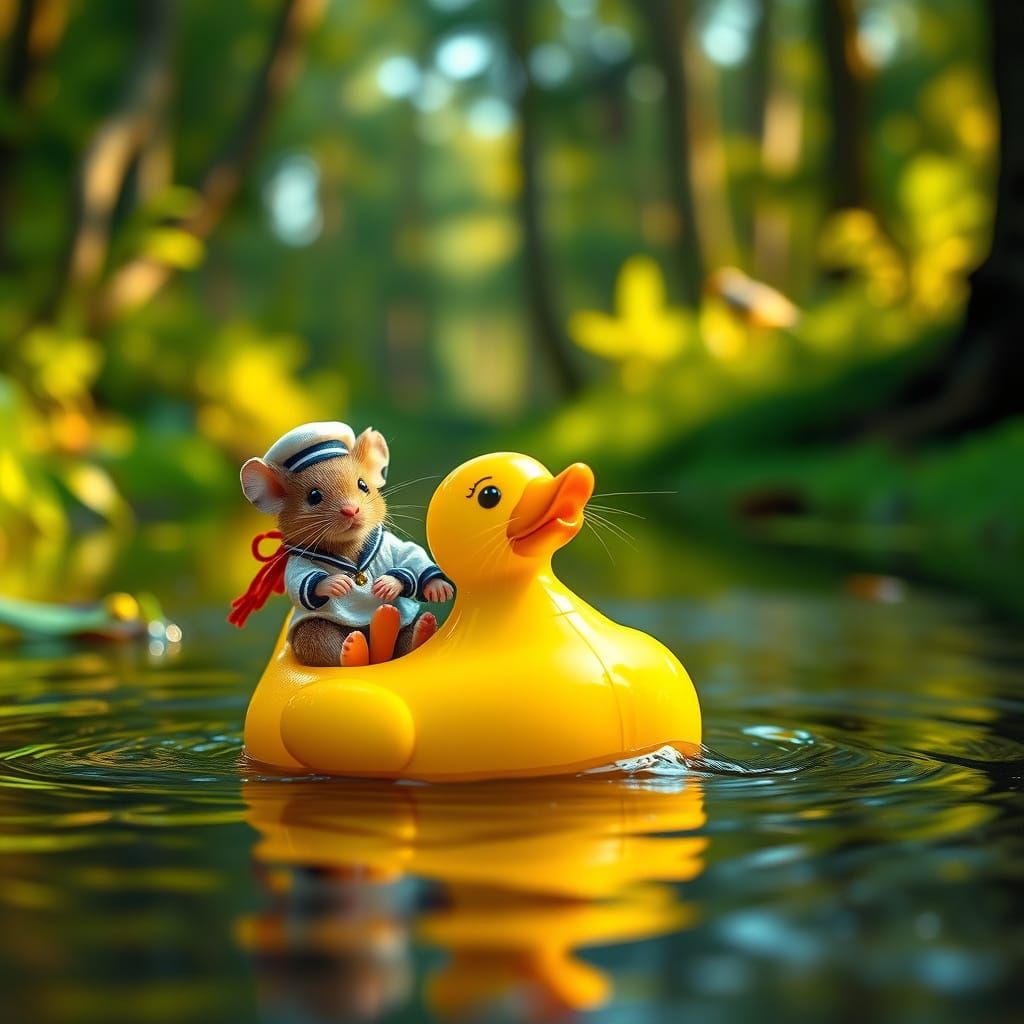 Two Sailor Mice Sail the Forest Stream on a Bright Yellow Du...