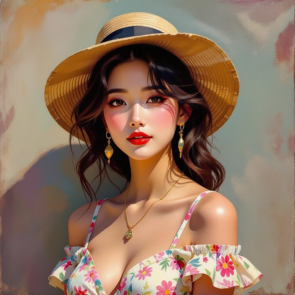 Glamorous Woman in Impasto Style with Neon Lighting