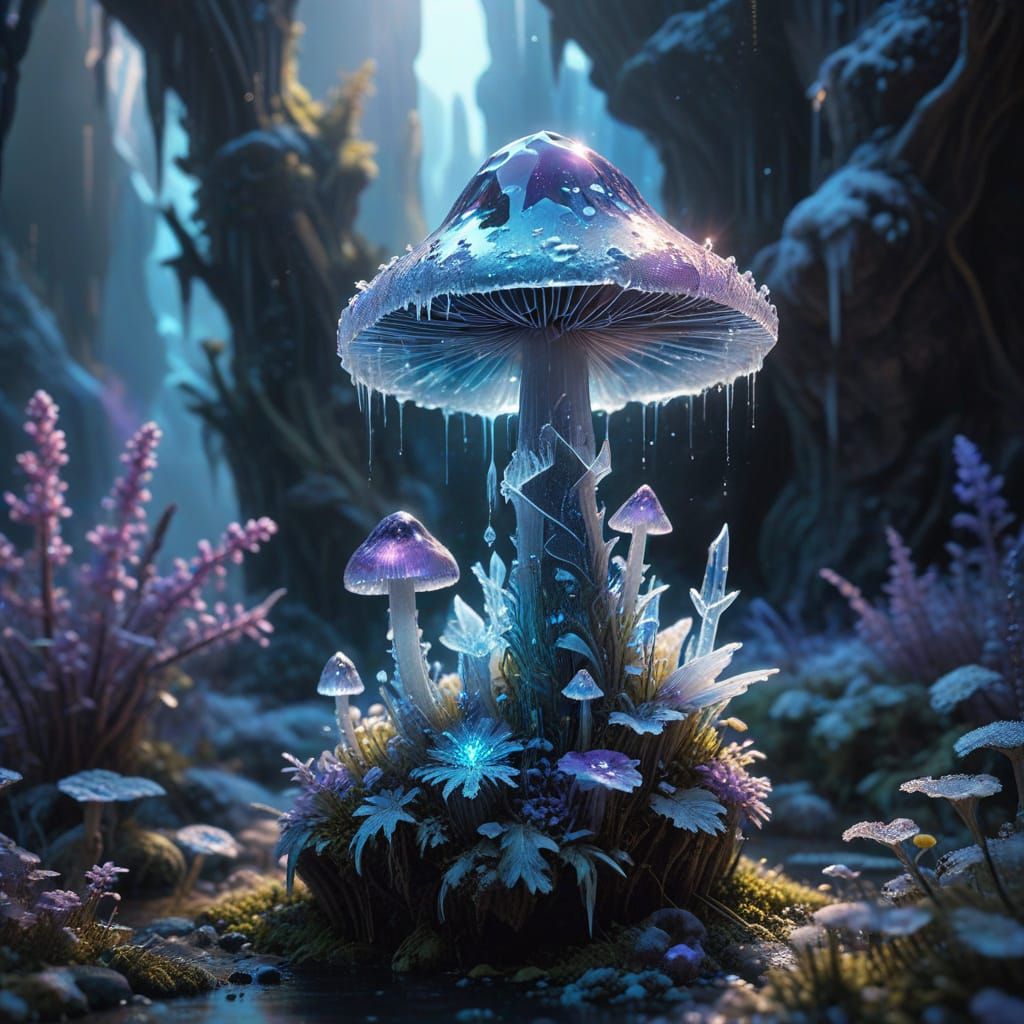 Surreal Crystal Mushroom in Icy Fantasy Realm