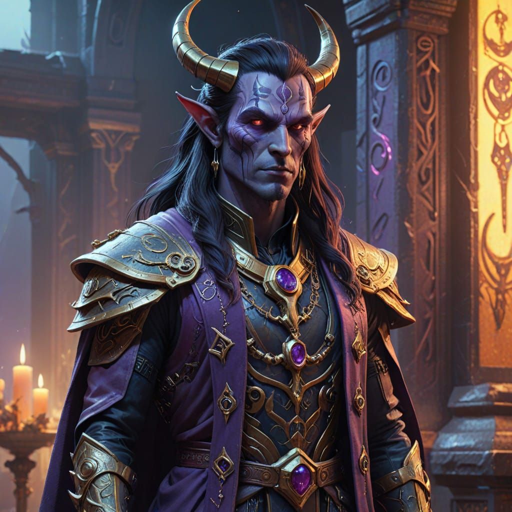 Majestic Tiefling Cleric in Enchanting Temple Setting
