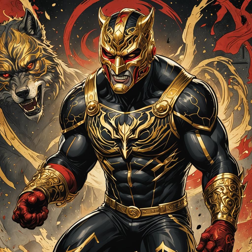Dynamic Comic Book Wrestler Portrait with Gold Mask