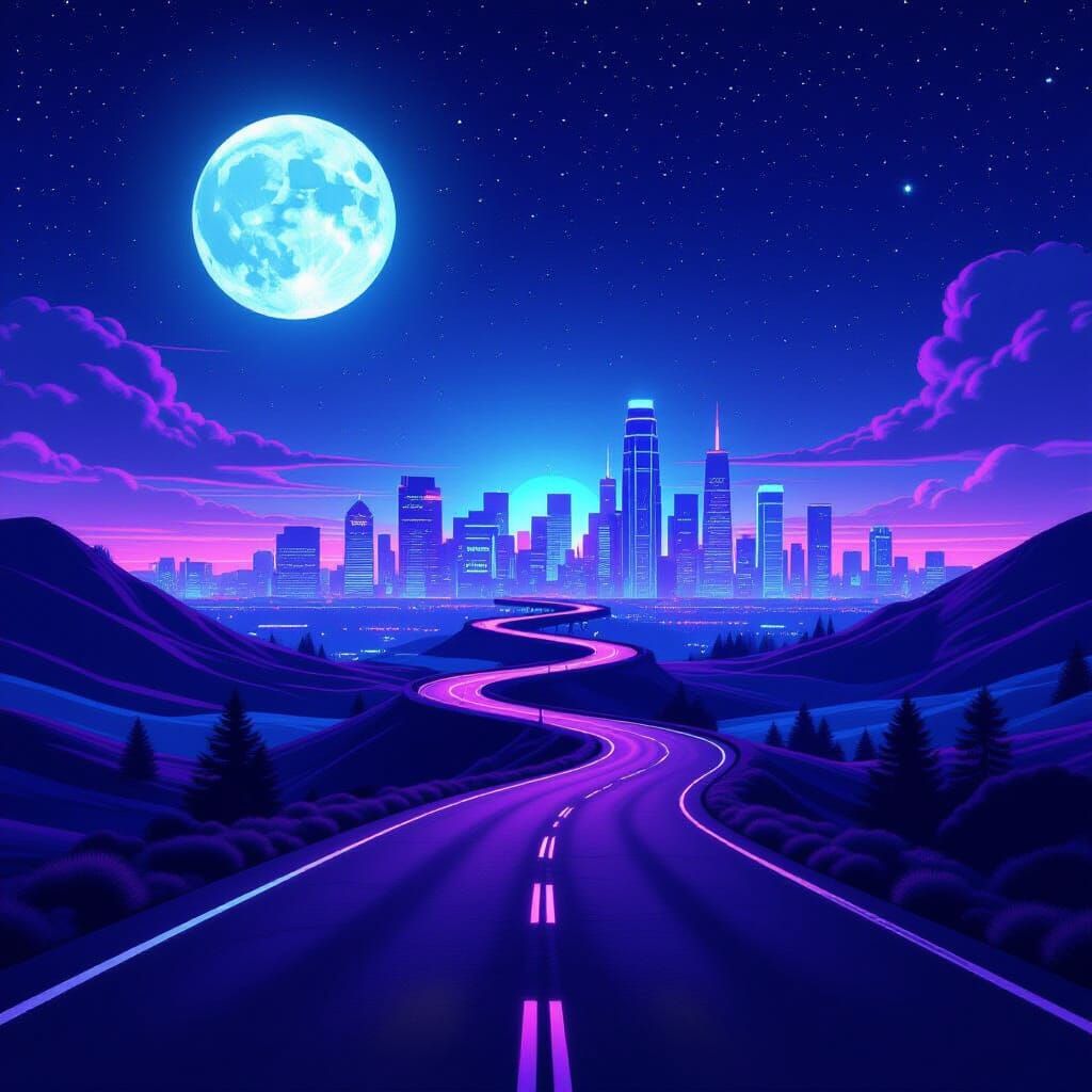 Synthwave Road to Neon City in Stylized Night Sky