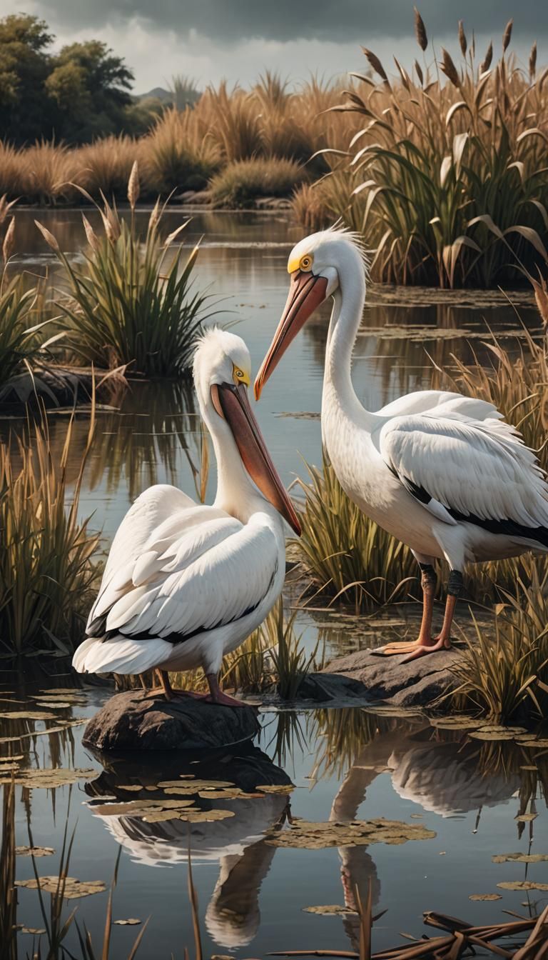 White Pelicans on Pond Shore: Dramatic Digital Painting