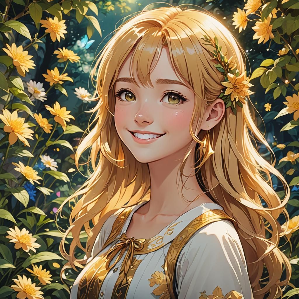 Anime Girl in Magical Garden, Cel-Shaded Art