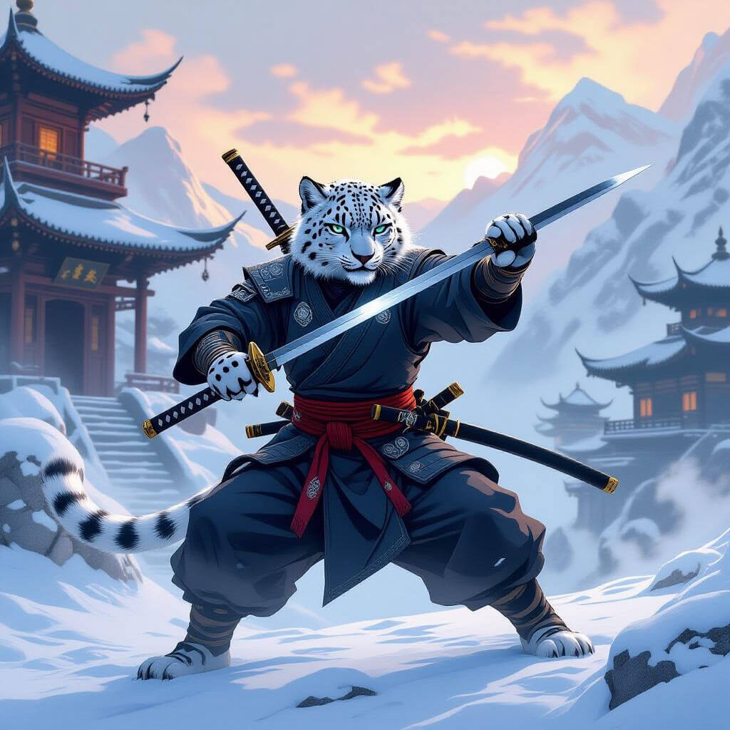 Snow Leopard Ninja Doctor with Katana and Scalpel Weapons