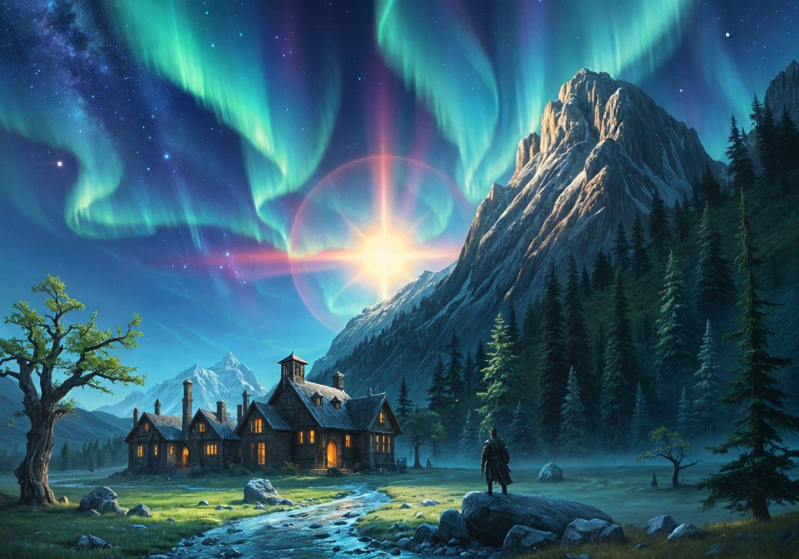 Epic Fantasy Exoplanet Village Under Starry Skies