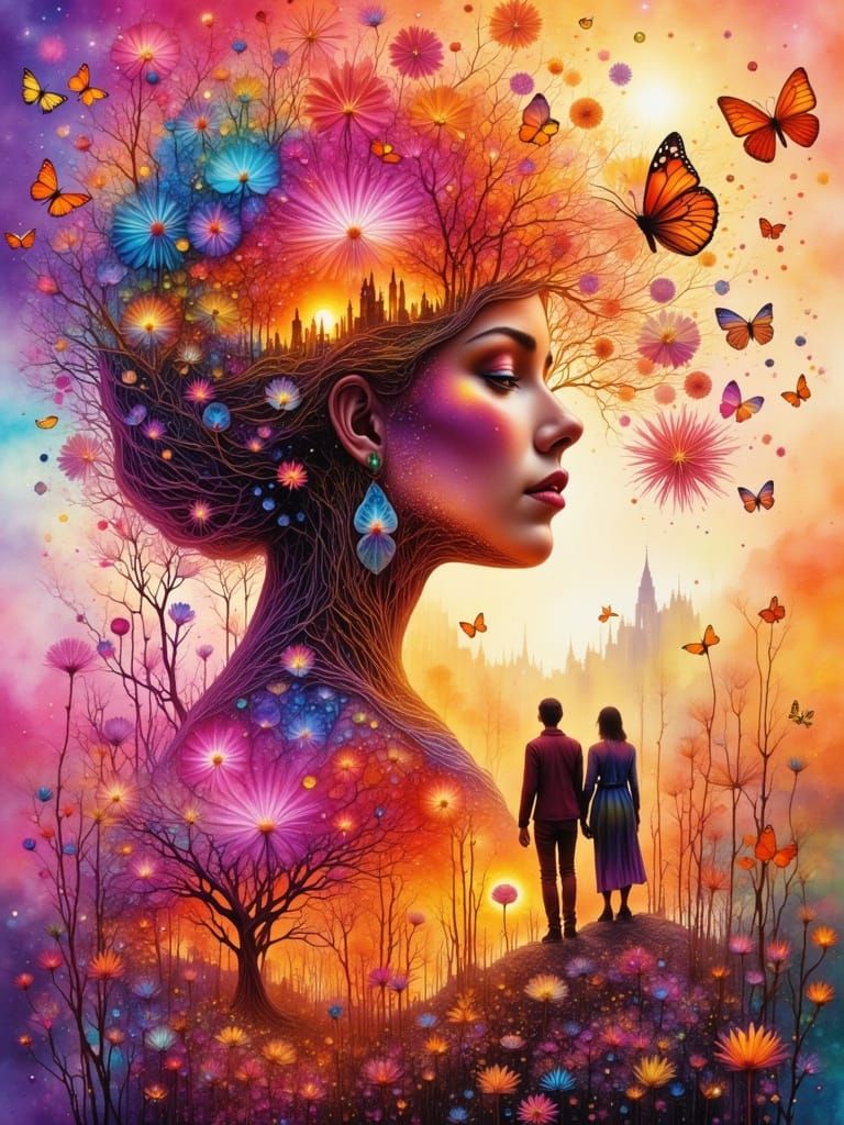 Fairy and Cat in Abstract Pink Fantasy Landscape