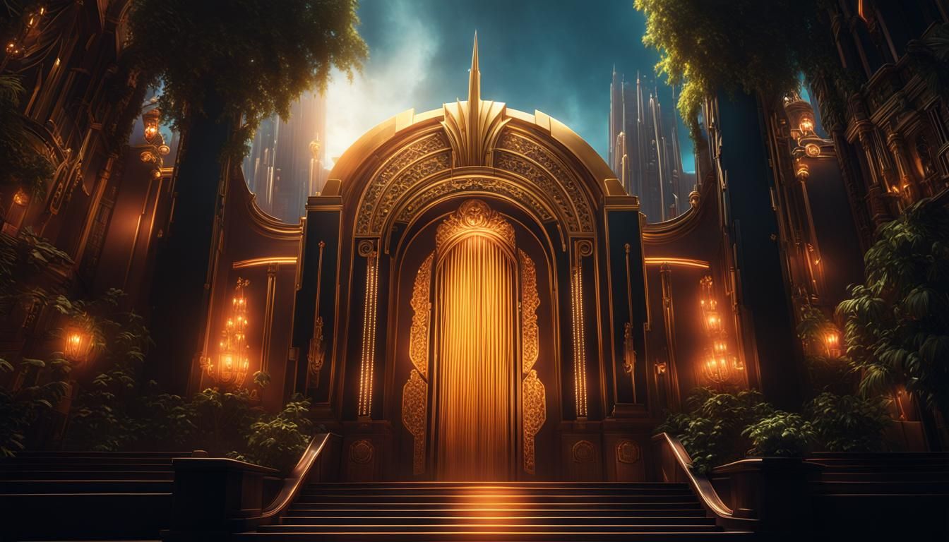 Art Deco Landscape with Dramatic Lighting and Ethereal Glow