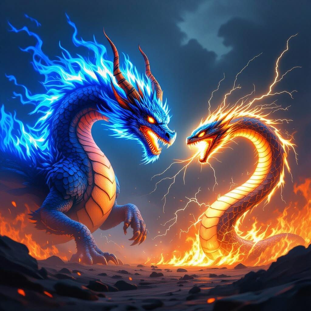 Blue Fire Dragon vs Electric Snake in Futuristic Style
