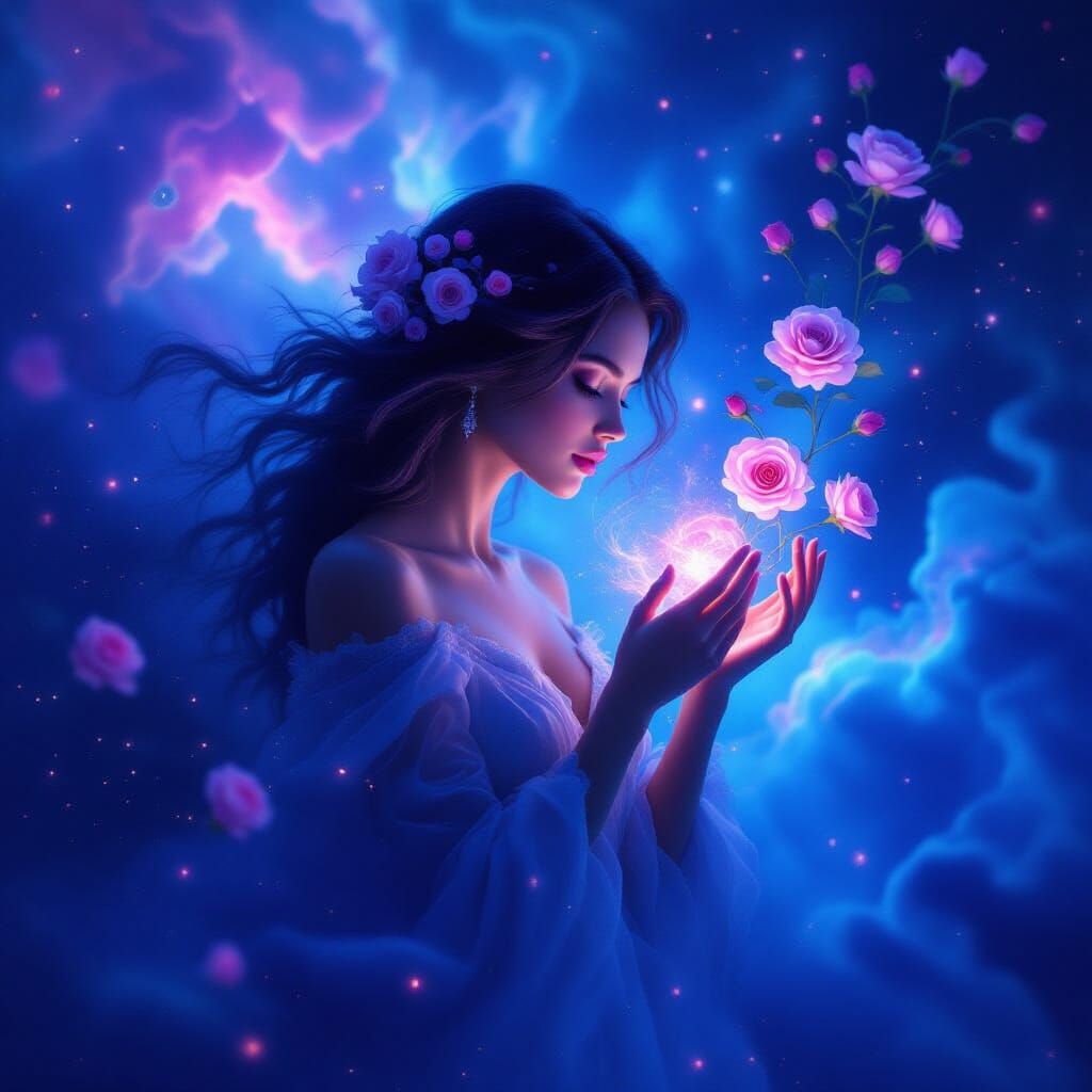 Woman Dissolving into Cosmic Nebula with Light Roses