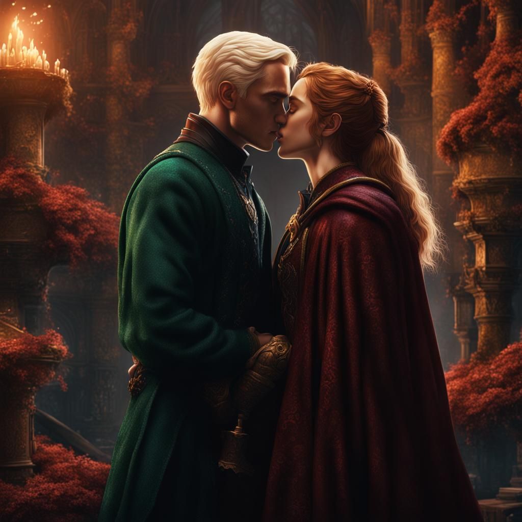 Hermione and Draco Kissing: Detailed Fantasy Art