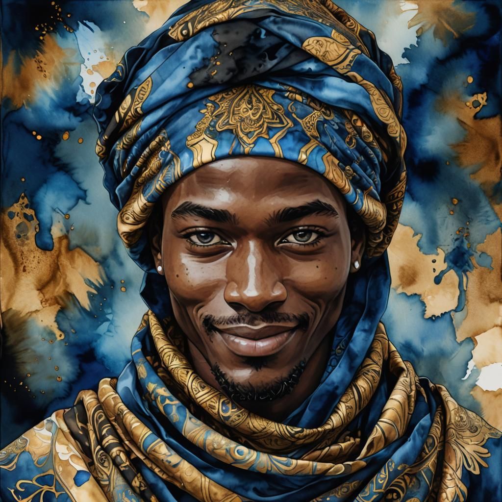 Alcohol Ink Painting: Smiling African Man in Shawl