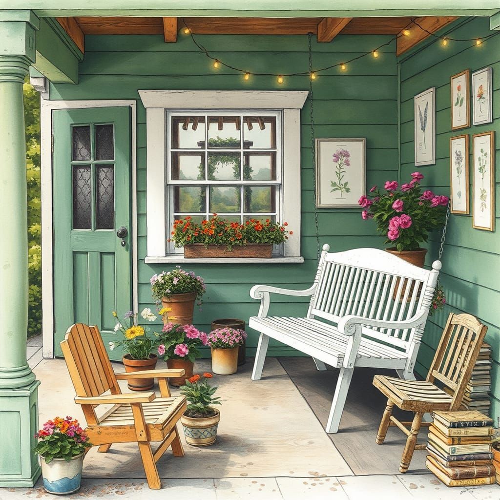 Charming Cottage Back Porch with Flower Pots