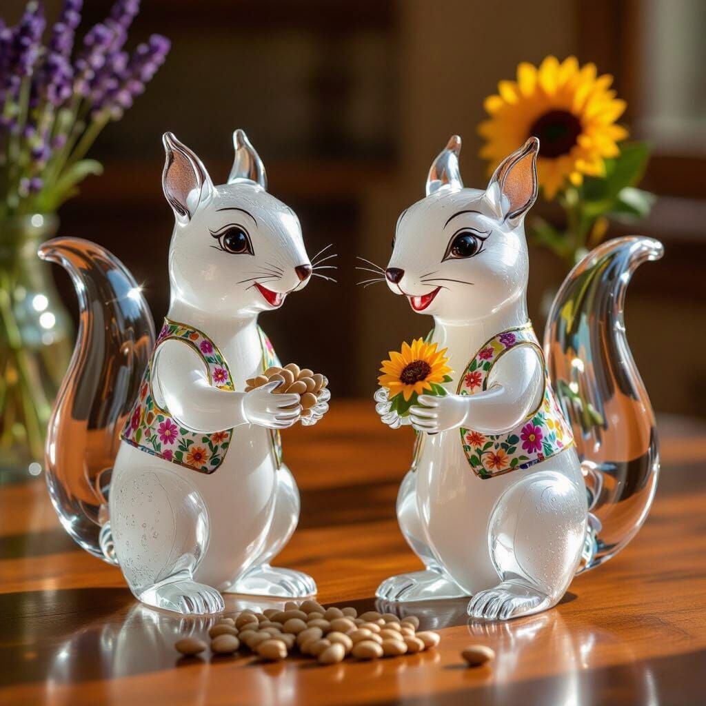 Delicate Glass Squirrels with Flowers in Art Glass Style