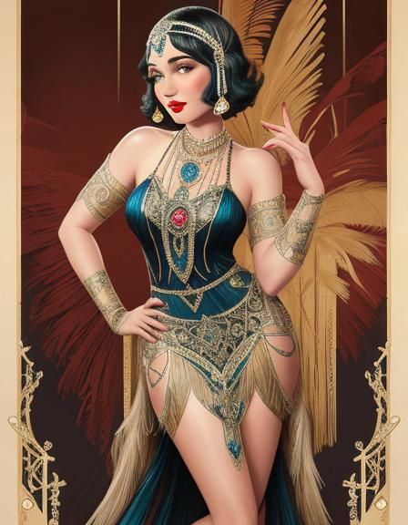 Art Deco Burlesque Woman in Flapper Gown