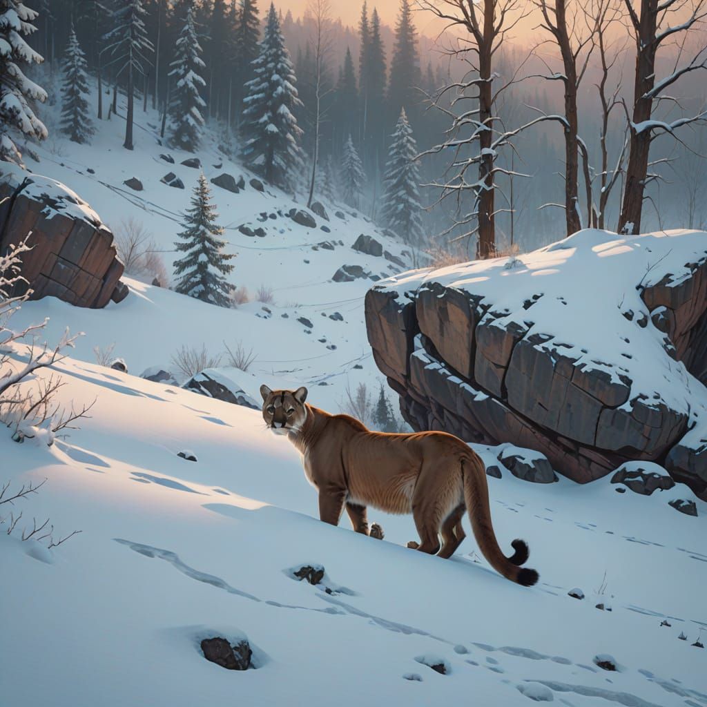 Mountain Lion Majestic on Snowy Cliff