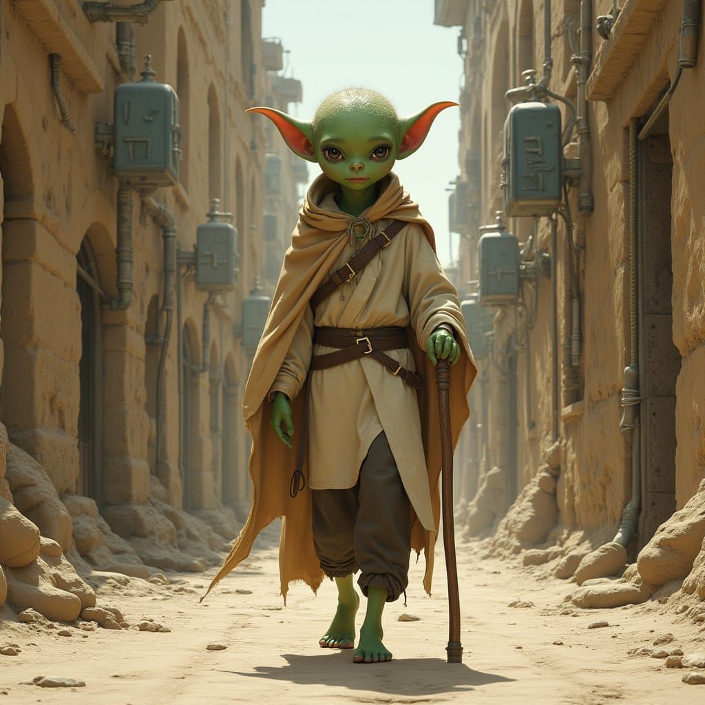 Hyperrealistic Elf-like Humanoid in Sandstone Cityscape