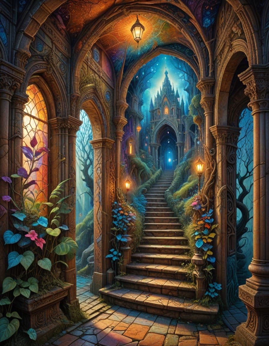 Mysterious Hallway with Twisting Stairs to Mystical Portals ...