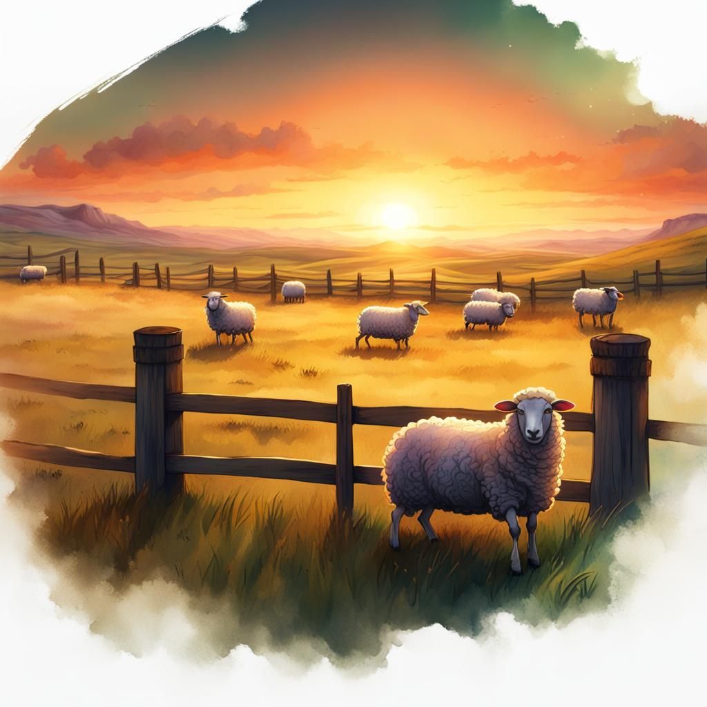 Watercolor Sheep in Field at Sunset