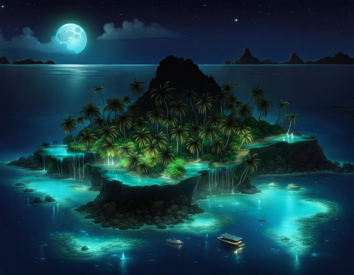 Bioluminescent Tropical Island at Night