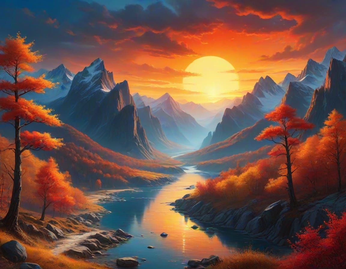 Enchanting Digital Matte Painting of Golden Hour Mountain La...