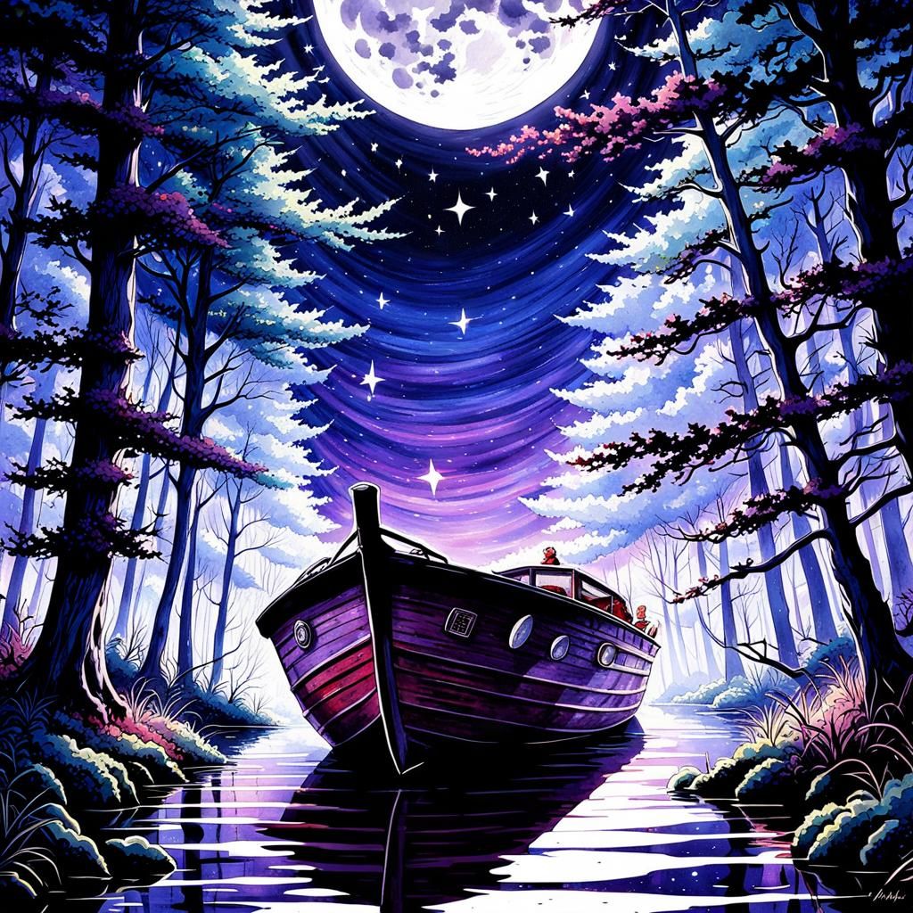 Eerie Forest Lake at Night in Watercolor Style