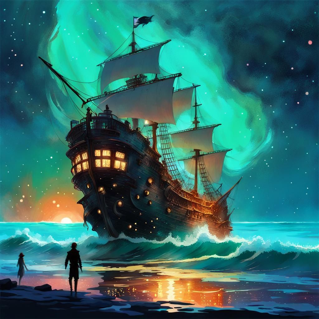 Haunted Pirate Ship on Bioluminescent Sea