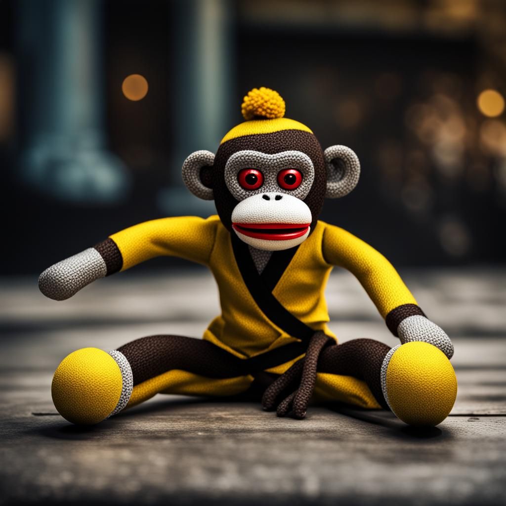 Hyperrealistic Kung Fu Sock Monkey with Glowing Eyes