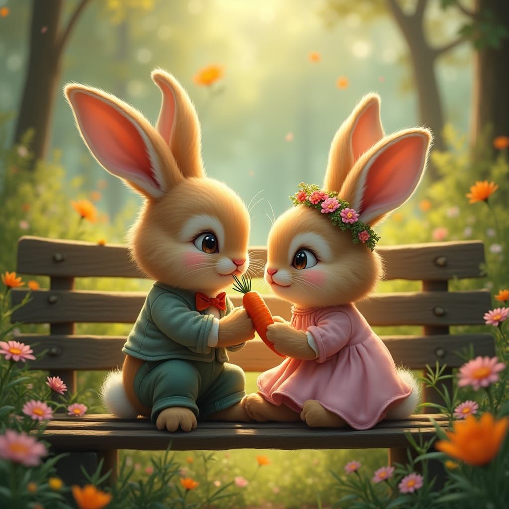 Whimsical Woodland Bunny Encounter in Dreamy Golden Light